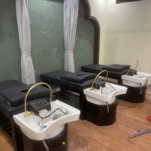 Giường gội đầu dưỡng sinh 2in1 bồn sứ tai thỏ lắp vòm nước tuần hoàn và van chia nước đầy đủ