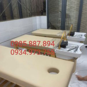 GIƯỜNG GỘI ĐẦU DƯỠNG SINH 2IN1 BỒN NHỰA TAI THỎ KHUNG GỖ MÀU TỰ NHIÊN LẮP VÒM VÀ VAN CHIA NƯỚC ĐẦY ĐỦ